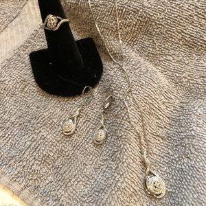 Silver plated natural Diamond necklace, earrings, ring set